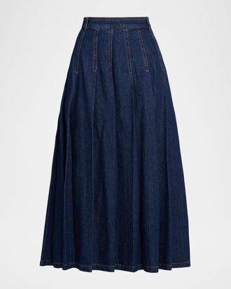 Max Mara Pleated Cotton Denim Midi Skirt