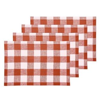 Solino Home Linen Placemats Set of 4, 14 x 19 Inch for Dining Table, Holiday and Everyday Table Decor - Buffalo Check in Cinnamon And White at
