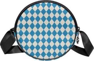 Generic Circle Crossbody Bag for Women, Blue Retro Plaid Small Sling Bag Daypack with Zipper Adjustable Shoulder Straps Casual Ladies Girls Round Purse