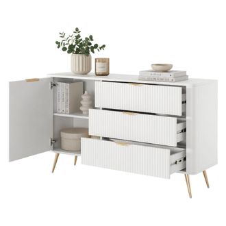 Dmora C&oacute;moda Halilomo, Mueble 3 Cajones, Un Estante, Puerta Abatible, Deslizante, 138x38x81h Cm Blanco