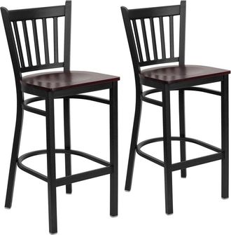 Flash Furniture 2 Pk. Black Vertical Back Metal Restaurant Barstool - Mahogany Wood Seat