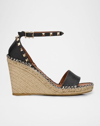 Valentino Garavani 105mm Rockstud Leather Wedge Espadrille Sandals