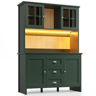 Urban Meuble Aparador alto de cocina verde con puertas de vidrio e iluminaci&oacute;n LED