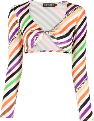 Siedres Logan striped twist-front crop top - women - Elastane/Polyester - M - Neutrals