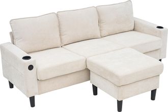 STILVORA Sof&aacute; Esquinero Reversible 3 Plazas En Lino Con Puff M&oacute;vil, 2 Portavasos, 2 Puertos Usb Y Type-c, Beige