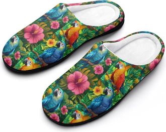 Generic Parrot Hibiscus Womens Slippers Warm House Slippers Indoor House Shoes with Anti-Skid Rubber Sole