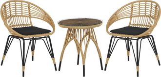 Beliani Conjunto De Balc&oacute;n Rat&aacute;n Sint&eacute;tico Patas De Metal Negro 2 Sillas Mesa De Centro Natural Moderno Pellaro