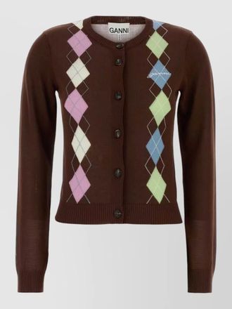 Ganni cotton cardigan argyle pattern ribbed cuffs hem