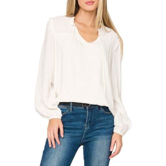 Gibsonlook Tie Neck Long Sleeve Smoked Yoke Blouse in Ivory at Nordstrom, Size Xx-Large