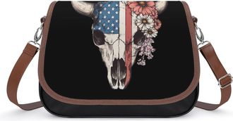 Generic U.S Flag Cow Skull Crossbody Bags for Women Shoulder Messenger Bag Purse Handbags