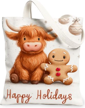 Generic Holiday Animal Canvas Tote Bags, Cow and Gingerbread Design Reusable Bags, Festive Rustic Lightweight Washable Shoulder Str, White, 13x15 Inch