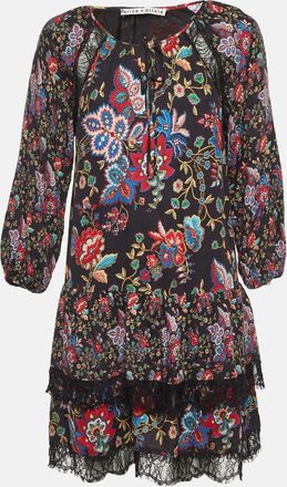 Alice & Olivia Black Floral Print Crepe & Lace Tiered Dress