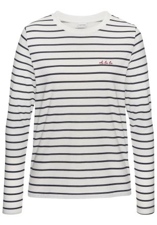 Lascana Langarmshirt LASCANA, Damen, Gr. 32/34, blau (wei&szlig;, marine), Web, Obermaterial: 50% Baumwolle, 50% Polyester, gestreift, figurumspielend h&uuml;ftlang, Run