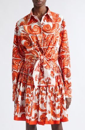 Dolce & Gabbana Majolica Print Tie Front Cotton Poplin Button-Up Shirt in S9000 Variante Abbinata at Nordstrom, Size 46