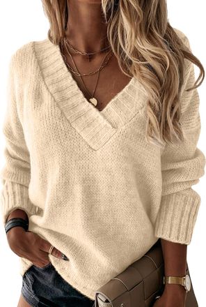 Generic Womens V-Neck Knitted Long Sleeve Jumper Casual Oversized Soft Acrylic Blend Chunky Knit Sweater,Tunic Pullover Comfortable Ladies Tops Beige L