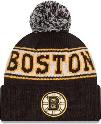 New Era NHL Unisex-Adult Primary Logo Retro Pom Cuffed Knit Fleece Lined Cold Weather Beanie Hat, Boston Bruins - Black, One size