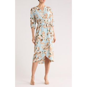 Connected Floral Faux Wrap Midi Dress in Dusty Aqua at Nordstrom Rack, Size 16