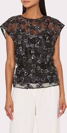 Milly Ryan Clover Bow Rhinestone Organza Top in 5Aa Black at Nordstrom, Size Petite P