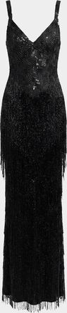 Mac Duggal Beaded Fringe Column Gown