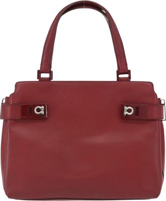 Ferragamo Double Gancini Side Buckle Tote Leather Red Leather Handbag (Pre-Owned)