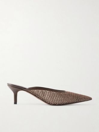 Brunello Cucinelli Mule In Mesh Con Finiture In Pelle E Perline - Marrone