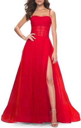 La Femme A-line Square Neck Tulle Ballgown with Illusion Waist in Red at Nordstrom, Size 10