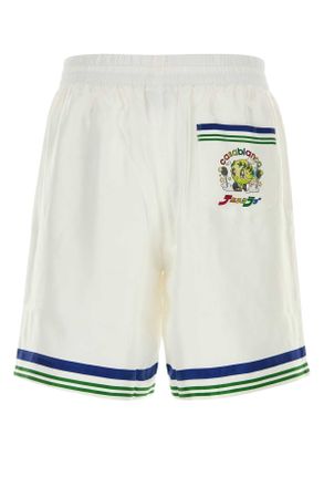 Casablanca Mens White Satin Bermuda Shorts Tennismascot Silk