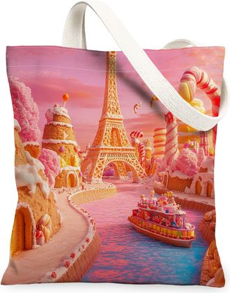 Generic Candy Canvas Tote Bags, Sweet Treats Pattern Reusable Grocery Bags, Spring Fanciful Fun Lightweight Washable Shoulder Strap Canvas for Travel 13x15 In
