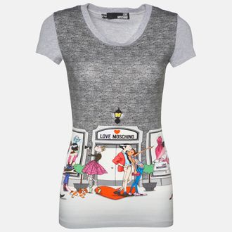 Love Moschino Grey Printed Cotton Knit Round Neck T-Shirt