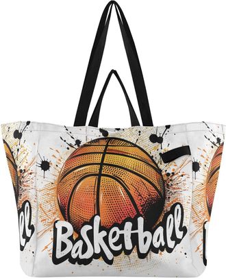 Generic Basketball pattern Reusable Canvas Tote Bag, Heavy Duty Grocery Shopping Bag with Double Handles Hard Bottom Large Capacity Work Groceries Travel