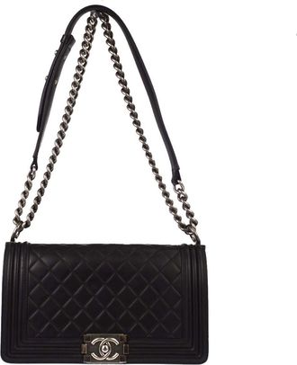 Chanel Boy Flap Quilted Lambskin Black Leather Handbag (Pre-Owned)