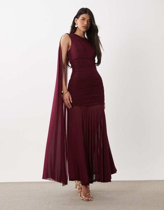 Bardot Alverie - Vestito lungo senza maniche in rete bordeaux arricciato con foulard-Rosso