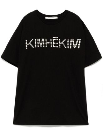 Kimhekim faux pearl embellishment logo T-shirt - women - Cotton - M - Black