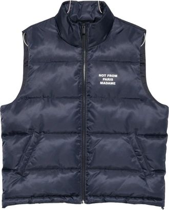 Dr&ocirc;le de Monsieur Jassen, Heren, Blauw, XL, Slogan Mouwloze Donsjas