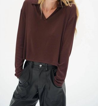 LnA Neve Ribbed Long Sleeve Polo Shirt In Chocolate
