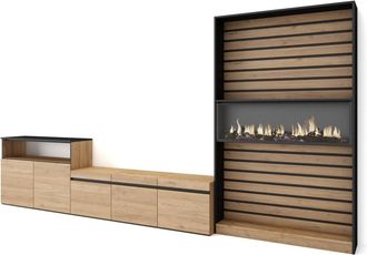 Skraut Home Mueble tv efecto madera roble negro 360x35x186cm chimenea efecto fuego