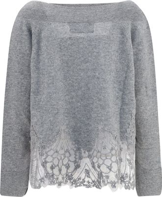 Ermanno Scervino Womens Boat Neck Lace Sweater Grigio Kashmir-Capra Hircus Kashmir/capra