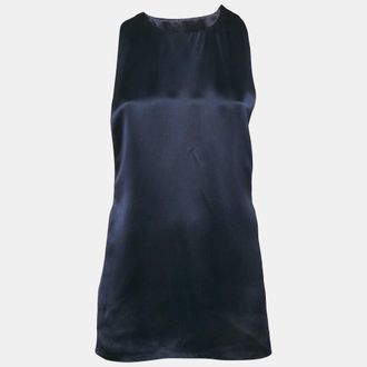 Ferragamo Navy Blue Satin Silk Lace-Up Detail Sleeveless Top