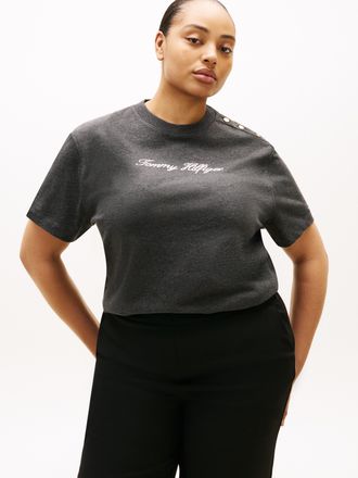 Tommy Hilfiger Kurzarmshirt TOMMY HILFIGER CURVE CRV GOLD BTN SCRIPT MDRN SS TEE, Damen, Gr. 46, dunkelgrau heather, Single Jersey, Obermaterial: 100% Baumwolle, mel