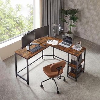 Vasagle L-Shaped Corner Gaming Desk with 2 Storage Shelves Space Saving in Brown