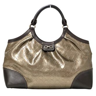 Ferragamo Gold Gray Metallic Brown Patent Leather Tote Bag (Pre-Owned)