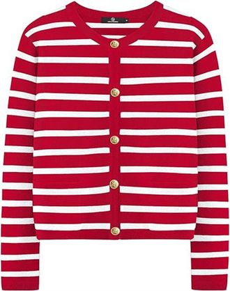 Generic Women Striped Cardigan Sweaters Knitted Gold Buttons Crew Neck Sweater with Pocket Cropped Knit Lady Casual Jackets Coat (Red,XL)