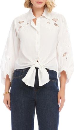 Karen Kane Eyelet Embroidery Tie Front Shirt in White at Nordstrom, Size X-Large
