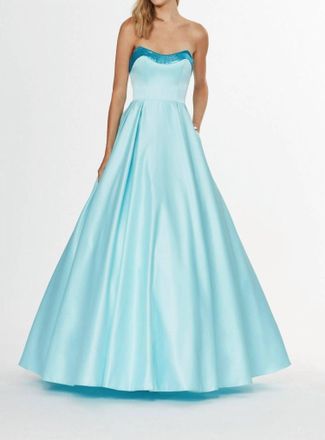 Angela & Alison Strapless Satin Ballgown In Bahama Breeze