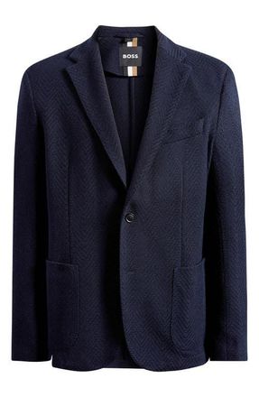 BOSS Hanry Slim Fit Wool & Cotton Herringbone Sport Coat in Dark Blue at Nordstrom, Size 44 Regular
