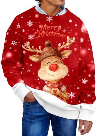 Generic Funny Christmas Jumper for Women Men Novelty Graphic Reindeer Snowflakes Knitted Sweater Long Sleeves Crew Neck Unisex Christmas Ugly Jumpers Men Wome