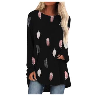 Generic Summer Tops for Women UK Long Tops to Wear with Leggings Oversized Long Sleeve Crew Neck Tunic Tops Patterned Mode T Shirts Floaty Loose Blouses