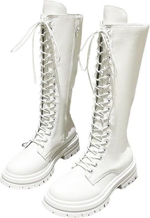 Generic Womens Thigh high Boots Mid Calf Combat Boots Lace Up Chunky Heel Lug Sole Round Toe Zipper Fashion Motorcycle Punk Gorh Boot Winter Waterproof Non Sl