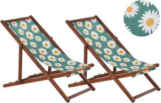 Beliani Beliani - Set of 2 Folding Deck Chairs Sun Loungers Dark Acacia / Chamomile Pattern Anzio