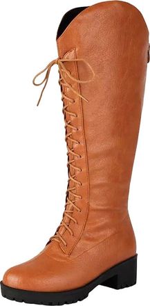 Generic Womens Retro Knee High Equestrian Boots Round Toe Medium Block Heel Platform With Lace Up For Daily Wear